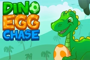 Ilustrație cu un dinozaur verde zâmbitor ținând un ou portocaliu, cu text colorat Dino Egg Chase pe fundalul unui peisaj tropical