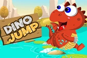 Dinozaur roșu desenat într-un peisaj acvatic cu un semn cu textul „Dino Jump”