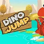 Dinozaur roșu desenat într-un peisaj acvatic cu un semn cu textul „Dino Jump”