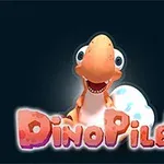 Un dinozaur portocaliu zâmbitor lângă un ou alb cu pete albastre, cu textul „DinoPiler” dedesubt