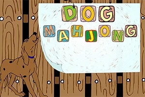 Cărți colorate aranjate pentru a scrie DOG MAHJONG pe un fundal de lemn, alături de un câine maro care privește în sus