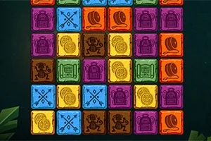 Grilă colorată formată din blocuri pătrate cu simboluri diverse, inclusiv tobe, monede, maimuțe și x-uri încrucișate