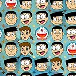 Desene animate tip model repetitiv cu fețe de personaje și o figură robotică pe fundal albastru