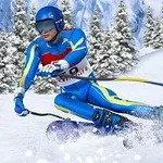 Un schior în costum albastru și galben, coborând rapid pe o pârtie înzăpezită, cu copaci în fundal