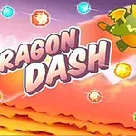 Un dragon animat verde zburător, înconjurat de pietre prețioase colorate, pe un fundal luminat cu text Dragon Dash în prim-plan