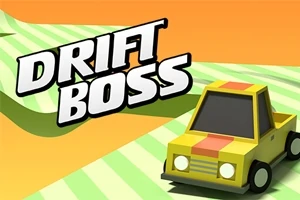 Mașină galbenă simplificată, cu o bandă roșie, pe un fundal cu dungi verzi și portocalii, alături de textul „Drift Boss”