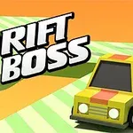 Mașină galbenă simplificată, cu o bandă roșie, pe un fundal cu dungi verzi și portocalii, alături de textul „Drift Boss”