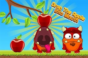 Doi monștri desenați, unul cu gura deschisă sub un măr suspendat pe o crenguță, cu textul Drop The Apple Into Mouth în colțul din dreapta sus
