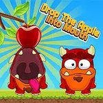 Doi monștri desenați, unul cu gura deschisă sub un măr suspendat pe o crenguță, cu textul Drop The Apple Into Mouth în colțul din dreapta sus