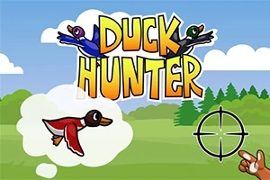 Textul Duck Hunter cu două rațe zburând în fundal și o rață în zbor printr-un vizor de țintire