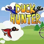 Textul Duck Hunter cu două rațe zburând în fundal și o rață în zbor printr-un vizor de țintire