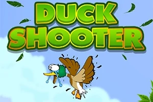 Un rațoi desenat animat cu expresie surprinsă și pene care zboară în jur, pe un fundal albastru deschis cu frunze verzi și titlul DUCK SHOOTER scris deasupra