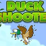 Un rațoi desenat animat cu expresie surprinsă și pene care zboară în jur, pe un fundal albastru deschis cu frunze verzi și titlul DUCK SHOOTER scris deasupra