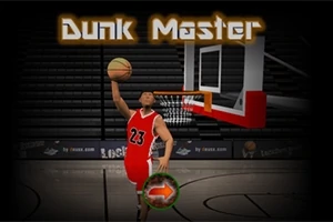 Un jucător de baschet în echipament roșu, cu numărul 23, sare pentru a marca un coș într-un teren de baschet, având deasupra textul Dunk Master