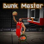 Un jucător de baschet în echipament roșu, cu numărul 23, sare pentru a marca un coș într-un teren de baschet, având deasupra textul Dunk Master