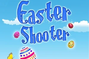 Text albastru Easter Shooter pe un fundal de cer senin cu ouă colorate și un fluture galben