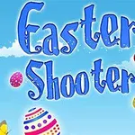 Text albastru Easter Shooter pe un fundal de cer senin cu ouă colorate și un fluture galben