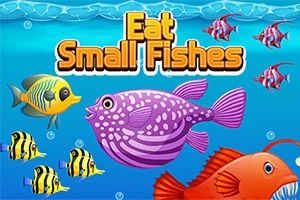 Pe fundalul unui ocean albastru, mai mulți pești colorați și textul Eat Small Fishes