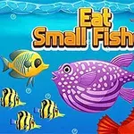 Pe fundalul unui ocean albastru, mai mulți pești colorați și textul Eat Small Fishes