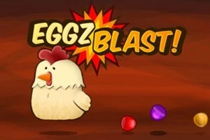 Un pui desenat lângă câteva bile colorate și cuvântul EGGZ BLAST!