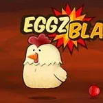 Un pui desenat lângă câteva bile colorate și cuvântul EGGZ BLAST!