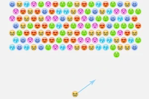 Zeci de emoji colorate, ordonate în rânduri, cu un emoji pe fundal alb indicat de o săgeată