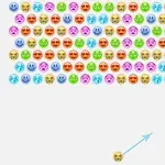 Zeci de emoji colorate, ordonate în rânduri, cu un emoji pe fundal alb indicat de o săgeată