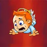 Personaj animat cu păr roșcat și aureolă, căzând pe un fundal roșu