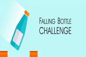 Sticlă albastră înclinată cu capac portocaliu pe fundal albastru deschis, alături de textul Falling Bottle Challenge