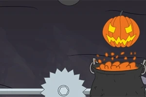 Un dovleac de Halloween cu față luminoasă sare într-un cazan, având alături o lamă rotativă