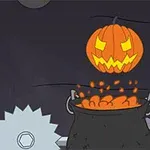 Un dovleac de Halloween cu față luminoasă sare într-un cazan, având alături o lamă rotativă