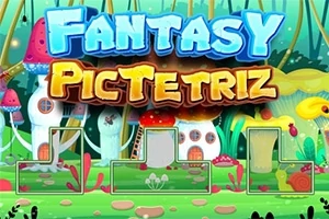 Grafică colorată cu ciuperci mari și căsuțe fanteziste într-un peisaj de basm cu textul FANTASY PICTETRIZ