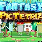 Grafică colorată cu ciuperci mari și căsuțe fanteziste într-un peisaj de basm cu textul FANTASY PICTETRIZ