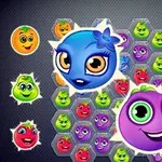 Personaje animate colorate cu fețe expresive dispuse pe un fundal de hexagoane