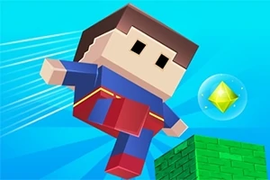 Personaj bloc stil pixelat în costum de supererou zboară lângă un bloc verde și un diamant strălucitor pe un fundal albastru