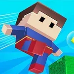 Personaj bloc stil pixelat în costum de supererou zboară lângă un bloc verde și un diamant strălucitor pe un fundal albastru