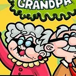 Caricatură amuzantă cu o bunică și un bunic zâmbitori ținând tacâmuri ridicate