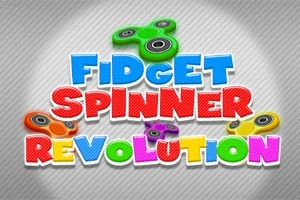 Text colorat cu titlul Fidget Spinner Revolution și imagini stilizate de fidget spinnere de diferite culori pe fundal gri cu linii diagonale
