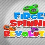 Text colorat cu titlul Fidget Spinner Revolution și imagini stilizate de fidget spinnere de diferite culori pe fundal gri cu linii diagonale