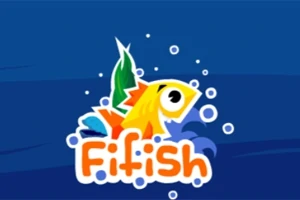 Un pește colorat cu ochi mari și bule albe în jur, pe un fundal albastru, cu textul Fifish dedesubt