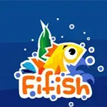 Un pește colorat cu ochi mari și bule albe în jur, pe un fundal albastru, cu textul Fifish dedesubt