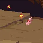 Un dragon roz zboară pe un fundal de peșteră întunecată, urmărit de trei mingi de foc zburătoare