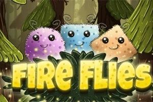 Trei personaje pufoase și colorate cu feţe zâmbitoare în fața unui fundal de pădure, cu textul „FIRE FLIES” jos