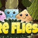Trei personaje pufoase și colorate cu feţe zâmbitoare în fața unui fundal de pădure, cu textul „FIRE FLIES” jos