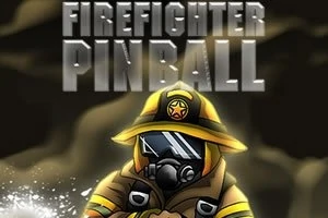 Un pompier animat cu cască galbenă și mască de protecție, cu textul Firefighter Pinball deasupra