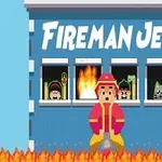Pompier pixelat ținând un furtun în fața unei clădiri cu flăcări, cu personaje la ferestre, pe fundal albastru