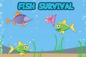 Pe fundalul unui ocean albastru, patru pești colorați înoată printre alge verzi și bule de aer, cu textul Fish Survival deasupra