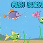 Pe fundalul unui ocean albastru, patru pești colorați înoată printre alge verzi și bule de aer, cu textul Fish Survival deasupra
