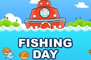 Corabie roșie pe apă, înconjurată de pești și valuri stilizate, cu textul Fishing Day scris dedesubt