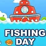 Corabie roșie pe apă, înconjurată de pești și valuri stilizate, cu textul Fishing Day scris dedesubt